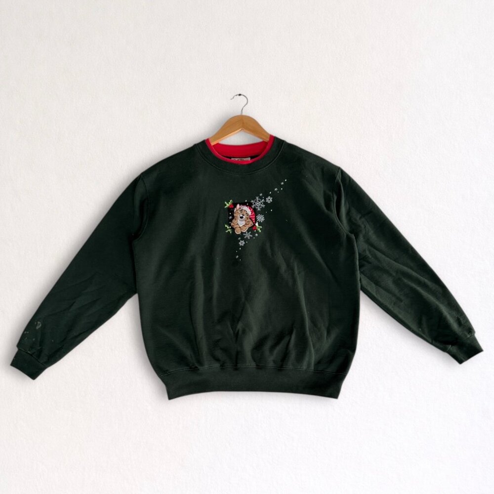 Day Breeze Christmas Cat Crewneck Sweatshirt Green Embroidered Men’s Large